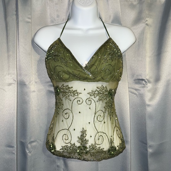 rave Tops Original Vintage Y2k Rave Green Beaded Backless Halter